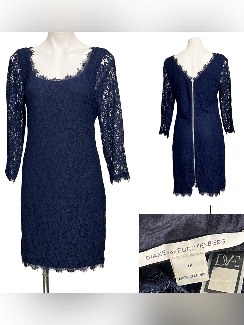 Diane Von Furstenberg Zarita Scoop dress 14  Navy blue Lace Long-Sleeve Sheath